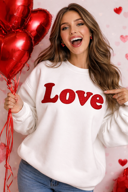 LOVE Embroidered Crewneck with Heart Stitching